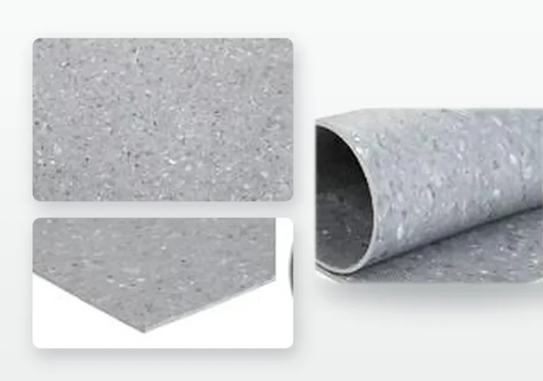 Muestra y rollo del piso vinílico comercial ENLIO Crystal, gris con gránulos