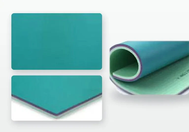 Muestra y rollo del piso vinílico ENLIO Rain Drop-SUR para vóleibol y handball, color verde agua