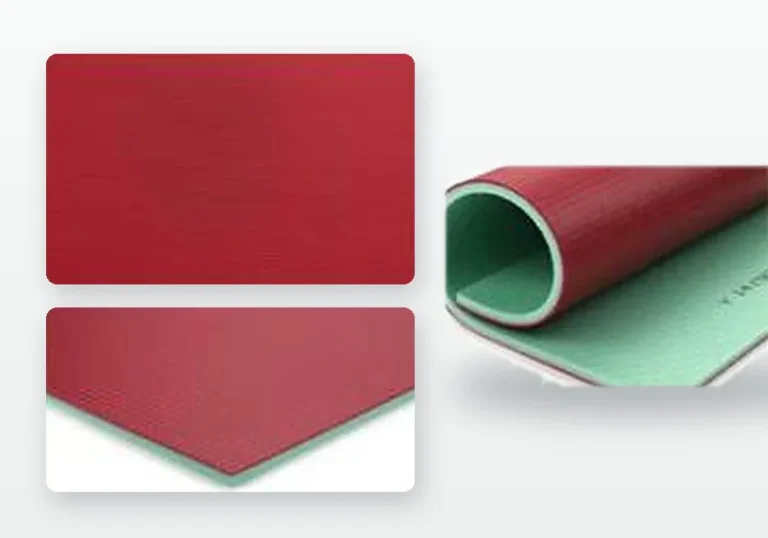 Muestra y rollo del piso vinílico ENLIO Weaving para tenis de mesa, color rojo