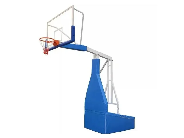Soporte de básquetbol plegable con mecanismo de resorte y base azul acolchada